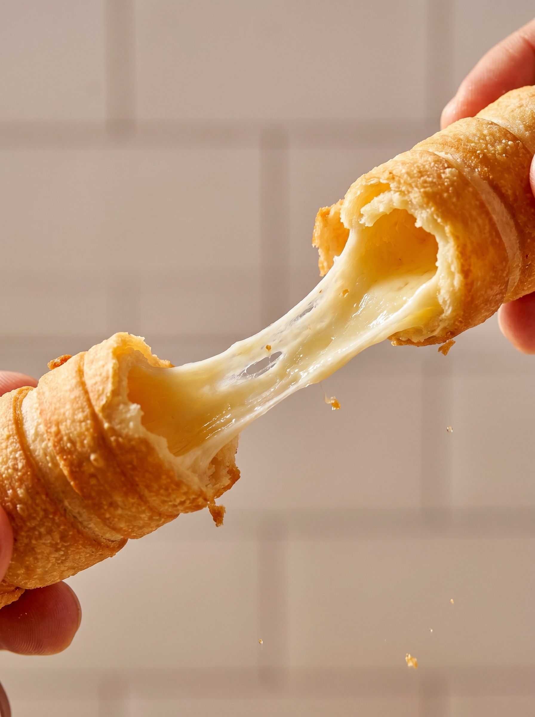 Tequeño abierto al medio, queso estirándose entre las dos partes